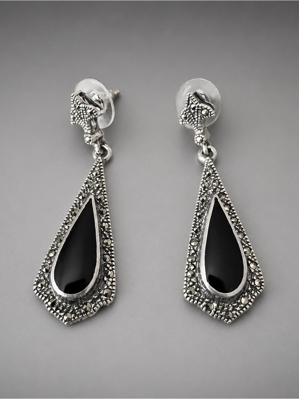 Art Deco Style Sterling Silver Marcasite Black Stone Dangle Earrings Vintage - Picture 2 of 4
